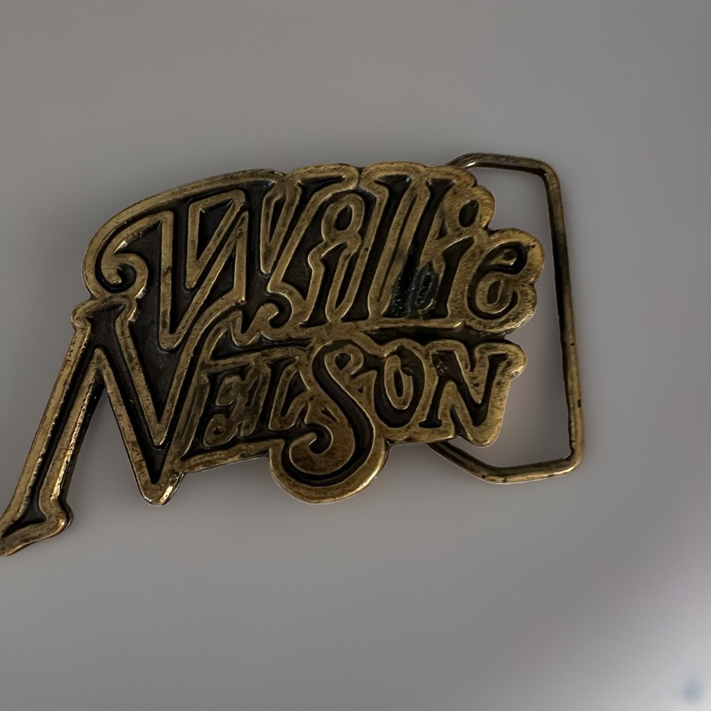 Vintage Willie Nelson Gold Tone Western Belt Buckle 1978 Austin TX 1.5in